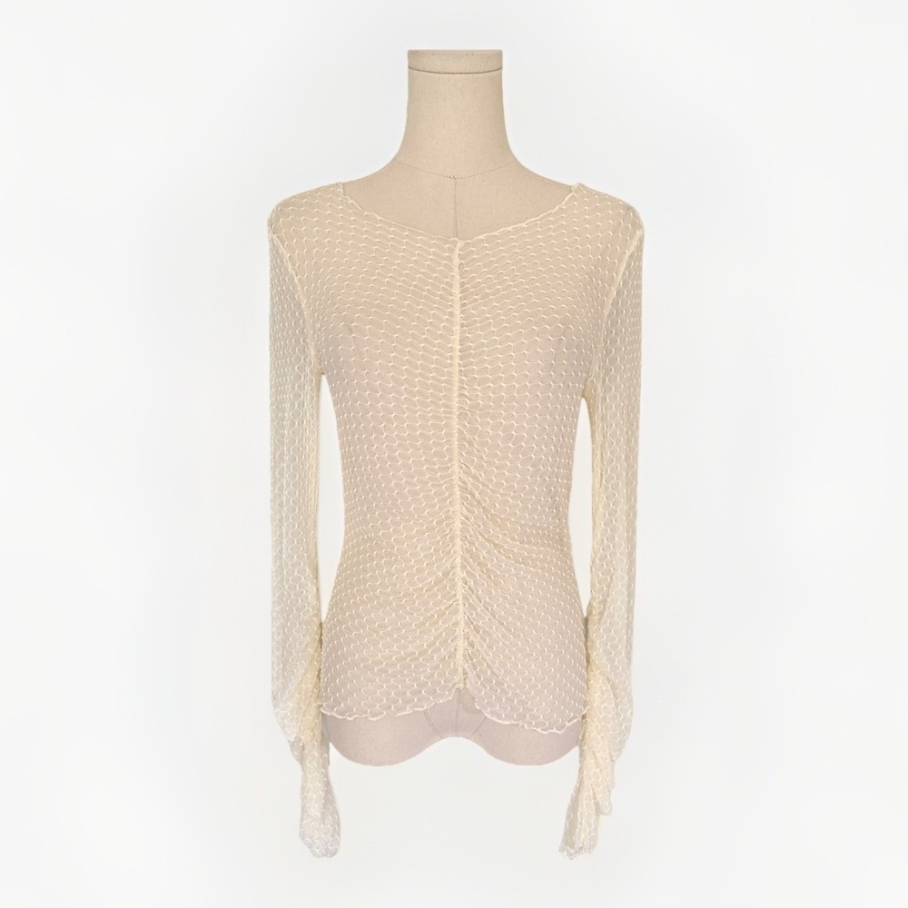 Oak + Fort Sheer Cream Mesh Long Sleeve Top XS/S Ruched Sleeve Boho Fairy Preppy
